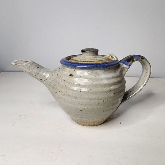 Vintage STONEWARE STUDIO ART CLAY POTTERY BLUE TEAPOT Stamped - Picture 1 of 10